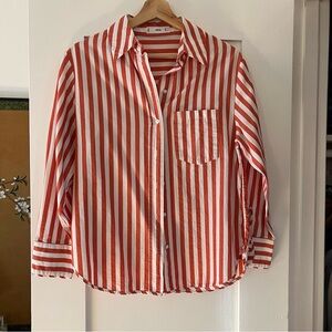 Mango Red & White Striped Cotton Button Down Shirt, Sz 2